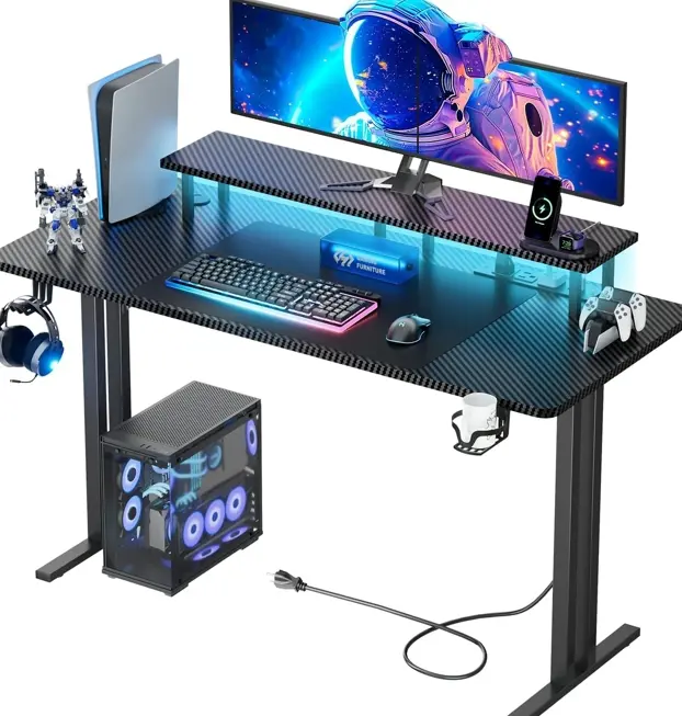 47" Gaming Desk with LED RGB Lights & Power Outlet,  Large Computer Desk with Monitor Riser, Sturdy Steel Frame Gaming Table for Home Office,  PC  Stand, perfect gift, gamer familyfun