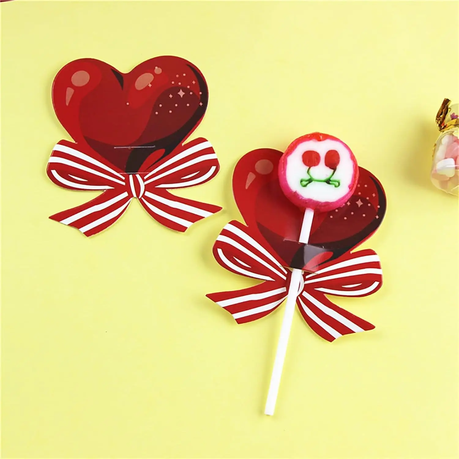 100 Pcs Valentine Red Heart Lollipop Paper Card Valentine Red Bow Lollipop Paper Holder Red Heart Bow Wrapping Candy Decoration for Valentines Wedding Birthday Party Decor