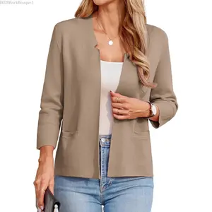 Women Sweater Blazer 3/4 Sleeve Cropped Cardigan Lightweight Notch Collar Knit Blazer Jacket Business CasualDD20BarkBouquet