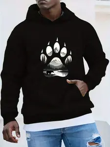 Men’s Bear Paw Print Hoodie – Black Casual Pattern Sweatshirt with Mountain and Lake Design, Long Sleeve, Loose Fit, Polyester Material, Machine Washable, Durable Outdoor-Themed Apparel with Bear Paw Pattern, Available in Large Size Classic Menswear relax