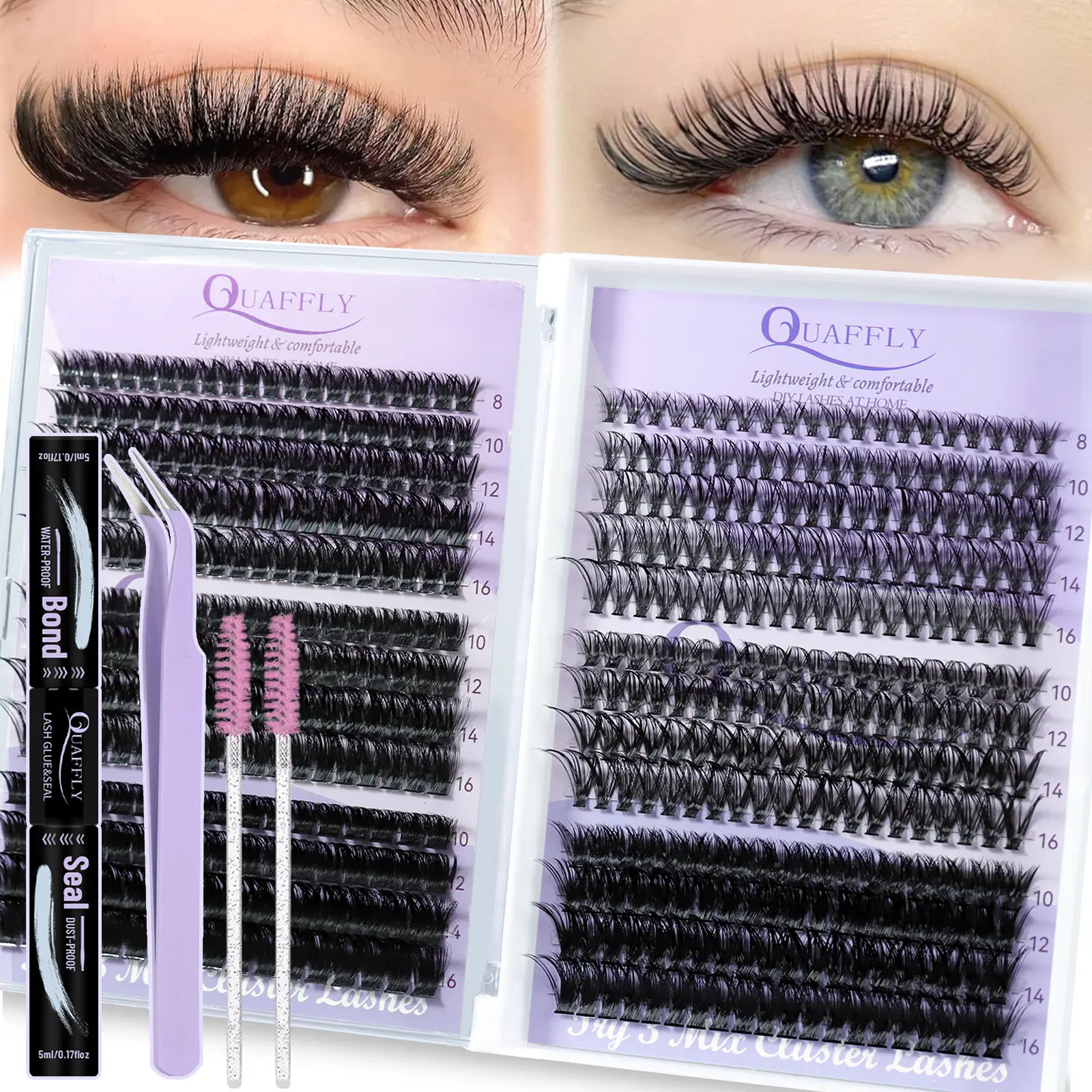 Lash Extensions Kit 504Pcs Lash Clusters Kit D Curl Cluster Eyelash Extensions Kit 30+40+50+60+80+100D Individual Lashes Kit With Lash Bond And Seal Lash Brush And Lash Tweezer DIY At Home By QUAFFLY (8-16mm)