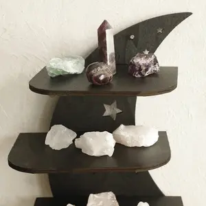 New Moon Four-Tier Wall-Mounted Storage Rack, Wooden Multi-Layer Organizer, Hanging Candle Holder, Bohemian Room Decor, Floating Display Shelf