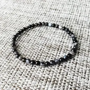 Natural Striped Black Onyx Sardonyx Beads 4mm Gemstone Handmade Hand Braided Woven Bracelet, Stretchy Bracelet for Women Girls