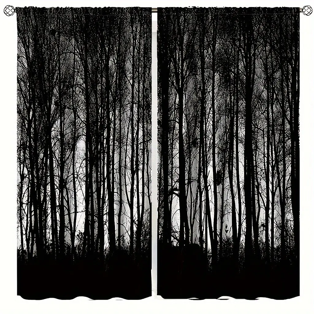 Gothic Forest Curtain Set, Dark Mystery Privacy Drapes, Rod-Pass Through Window Treatments, Bedroom & Living Room Decor, Foggy Atmosphere, Pine Pattern, Decorative Curtains, Fabric Curtains, Home Decoration Curtain, Window Curtain Panels