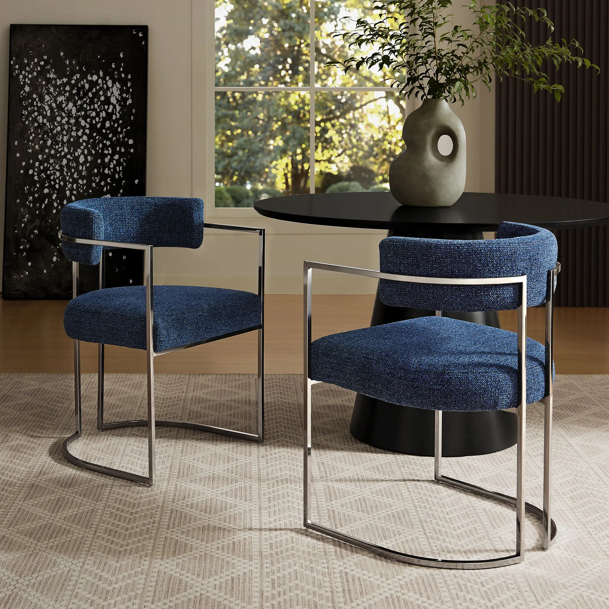 Huron Curved Back Fabric and Metal Dining Accent Chair in Silver Navy