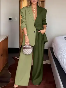 Elegant Two-Piece Set, Loose Fit Long Sleeve Lapel Design, Patchwork Color-Block Stitching, Open-Front Suit Jacket & Straight-Leg Pants with Pockets