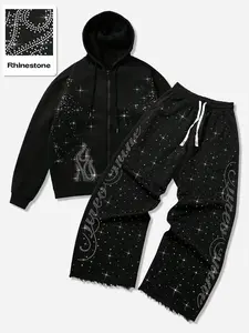 Men's Fall Winter Hooded Sweatshirt Set Starry Rhinestone Design, Long Sleeve Hoodie, Fitted, Casual Streetwear, Trendy Party Wear
