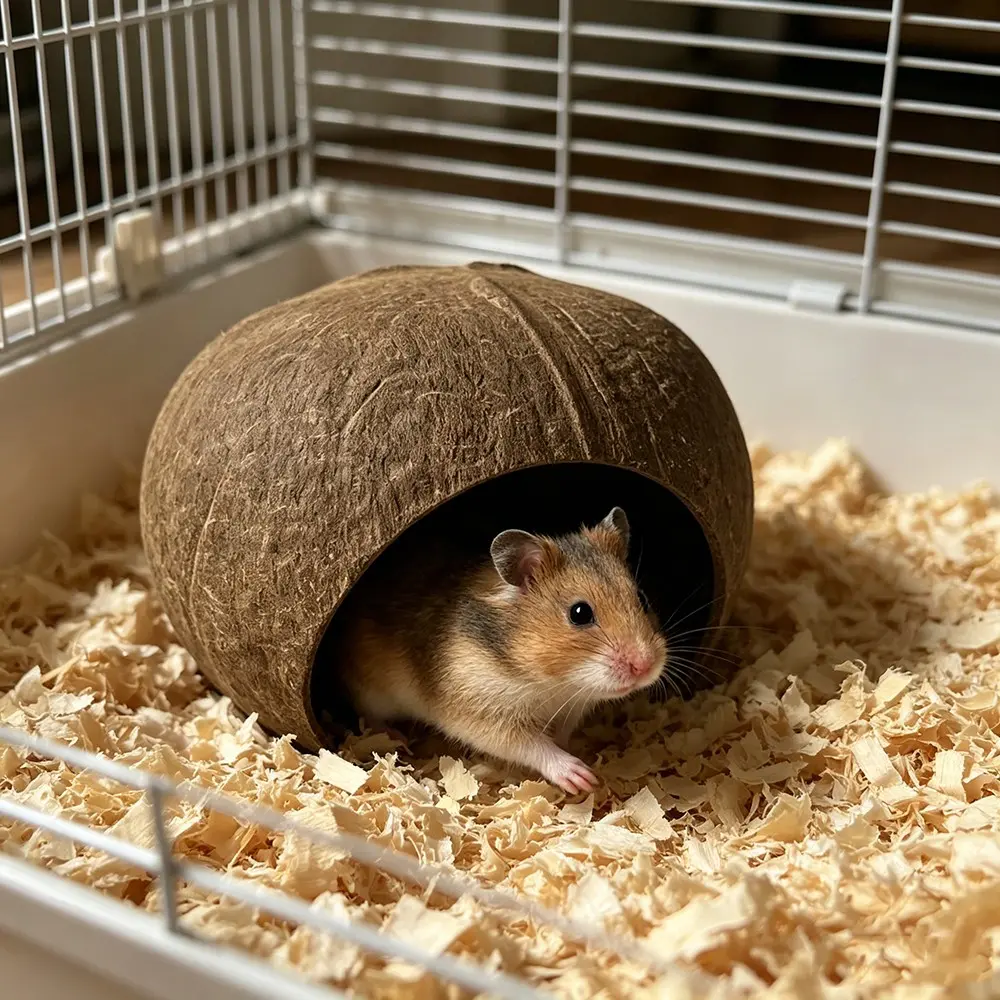 Coconut Shell Hideout House for Hamsters, Small Pets Resting Nest with Ladder, Sustainable Habitat with Hanging Rope, Ideal for Reptiles and Amphibians, Hamster Cage Accessories