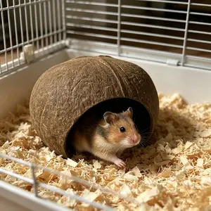 Coconut Shell Hideout House for Hamsters, Small Pets Resting Nest with Ladder, Sustainable Habitat with Hanging Rope, Ideal for Reptiles and Amphibians