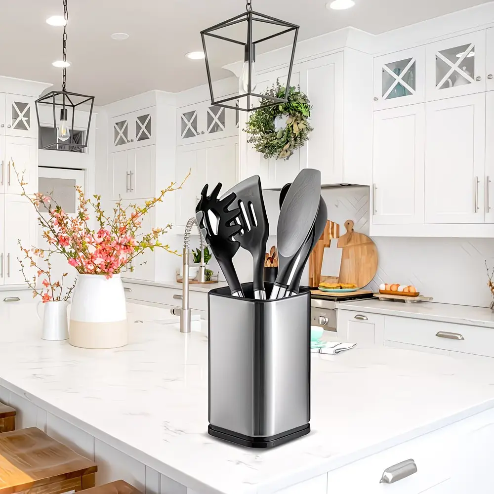 Stainless Steel Kitchen Knife & Utensil Storage Rack - Rustproof, Fingerprint-Resistant, Durable, Modern Brushed Finish, Fork/Spoon Compartments, Versatile Wavy Slots, Universal Design, Vertical Countertop Space Optimization for Modern Kitchens