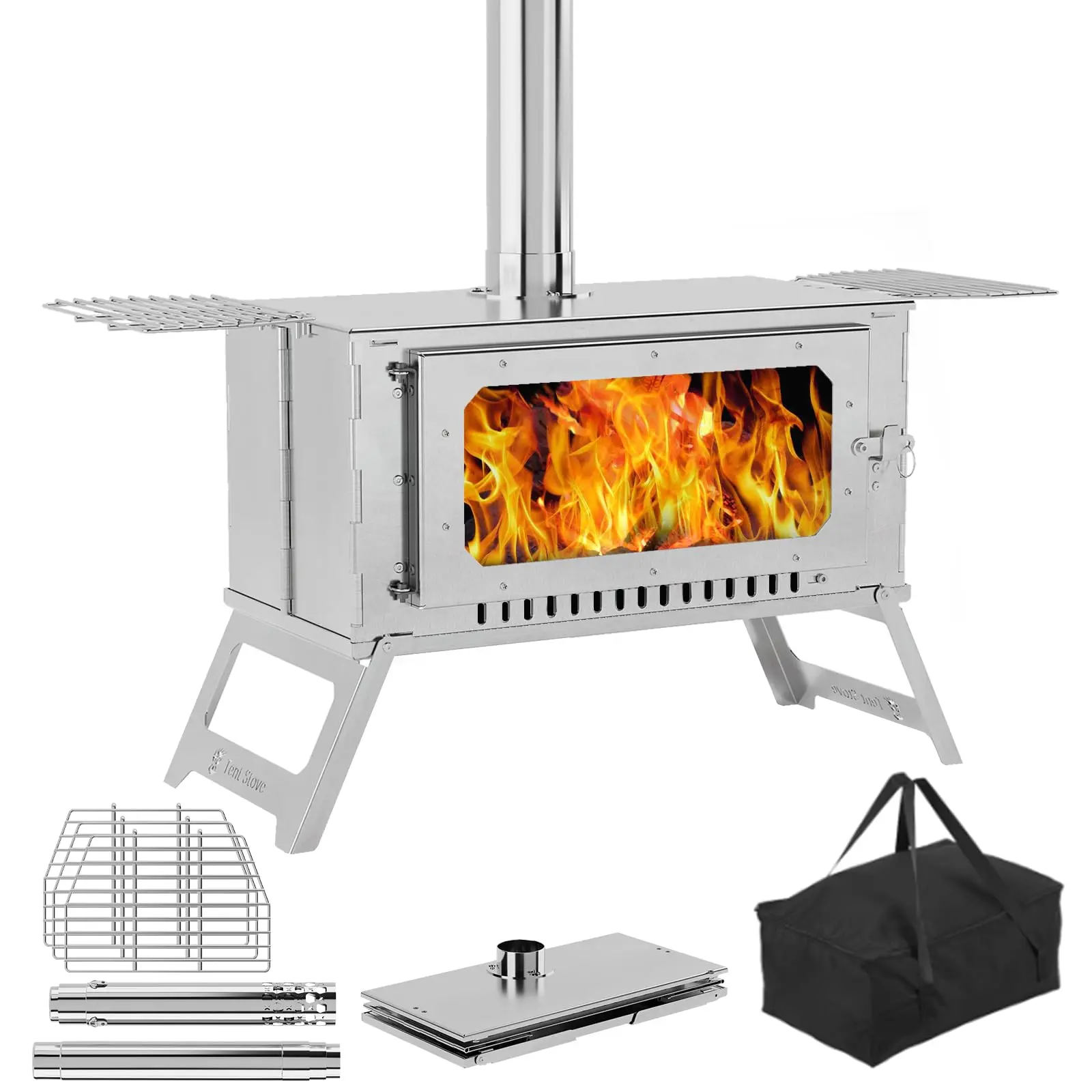 [GAOMON]Camping Wood Stove with Grill - Stainless Steel Wood Burning Stove with Pipes and View Glass, Tent Stove with Carrying Bag, Outdoor Folding Firebox Hot Tent for Cooking, Heating, Barbecue