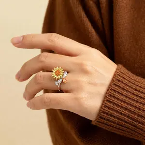 Spinner Worry Rings, Sunflower Fidget Ring for Women Gold Anxiety Crystal Cubic Zirconia Open Adjustable Men Trendy Jewelry – “You Are My Sunshine” Engraved Finger Spinner Gift for Granddaughter