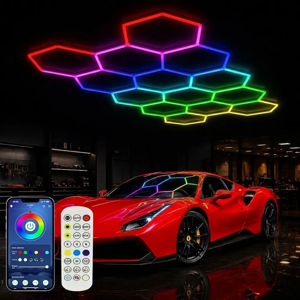 High Quality Aluminum RGB Hexagon LED Garage Lights - 14 Multi-Color Modular Polycarbonate Units, DIY Design, Dimmable, Speed-Adjustable, Remote Control, Smart App Control, Music Modes, Gaming Indoor Wall Mounted Home Lighting