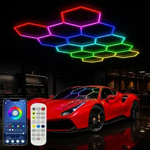 High Quality Aluminum RGB Hexagon LED Garage Lights - 14 Multi-Color Modular Units, DIY Design, Dimmable & Speed-Adjustable Settings, Remote & Smart App Control, Music Modes, Gaming Media Hotel Home Improvement Lighting