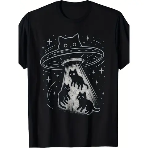 Men's Fitted Round Neck Short Sleeve Top - Cotton-Poly Breathable Blend, Preppy Cute Chic Korean Funny Cat UFO Cartoon Animal Alien Graphic, Tailored Cut, Party Wear, Funny T Shirts for Adults