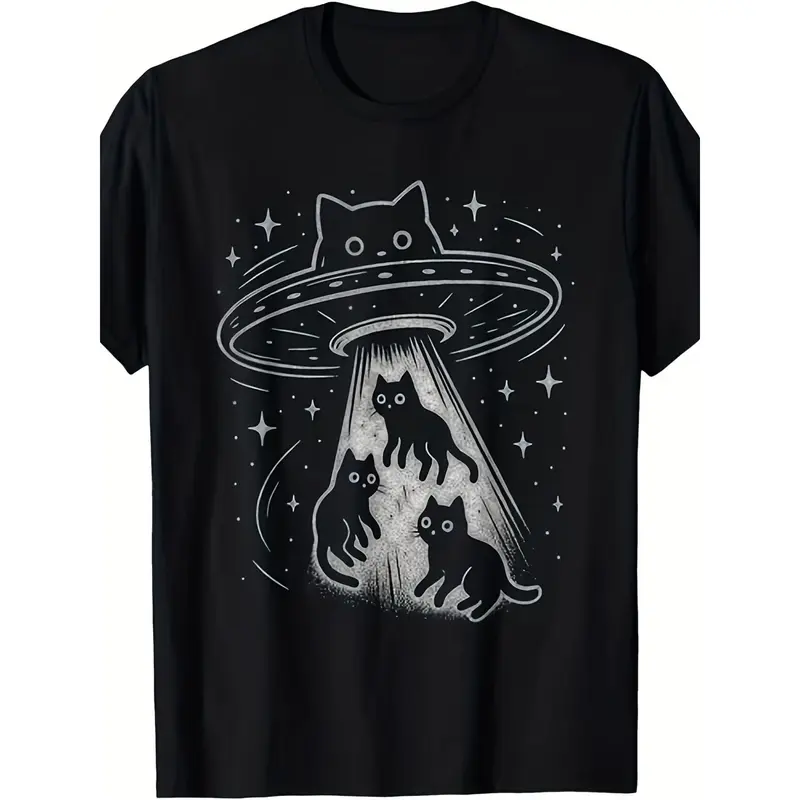 Men's Fitted Round Neck Short Sleeve Top - Cotton-Poly Breathable Blend, Preppy Cute Chic Korean Funny Cat UFO Cartoon Animal Alien Graphic, Tailored Cut, Party Wear, Funny T Shirts for Adults