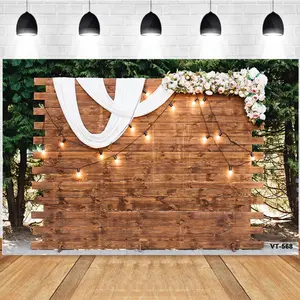 Wooden Photography Background Curtain String Lights Floral Sweet Proposal Wedding Birthday Party Decoration Backdrop