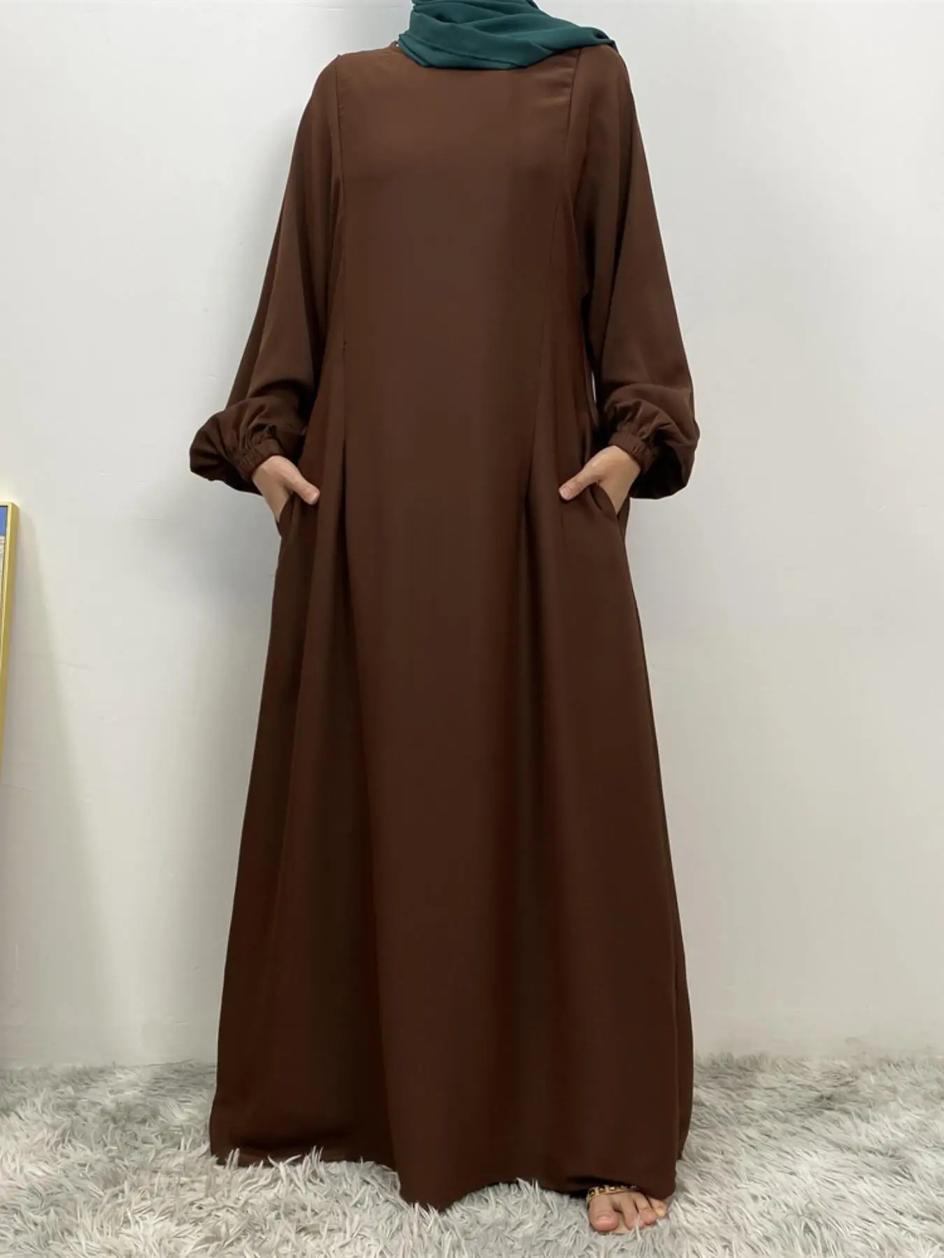 Women's Solid Color Zip Up Dress without Hijab, Modest Long Sleeve Round Neck Dress for Daily Wear, Ladies Clothes for All Seasons