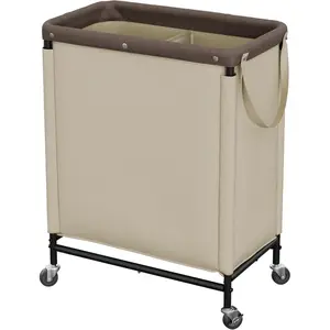 Laundry Hamper 2 Section, 100L Rolling Laundry Sorter Cart with Removable and Washable Liner Bag, Clothes Hamper with Wheels and Handle for Laundry Room and Bedroom, Light Khaki