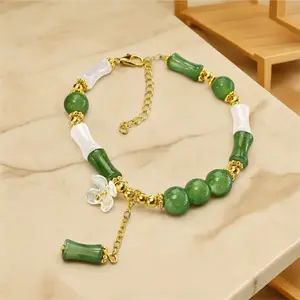 Chinese Style Bamboo Segment Jade Bracelets with Flower Charm - Oriental Aesthetic Quiet Luxury Trendy It Girl Ins Aesthetic National Style Statement Jewelry Accessories for Women Valentines&birthday  present  Boujee Gifts for gf