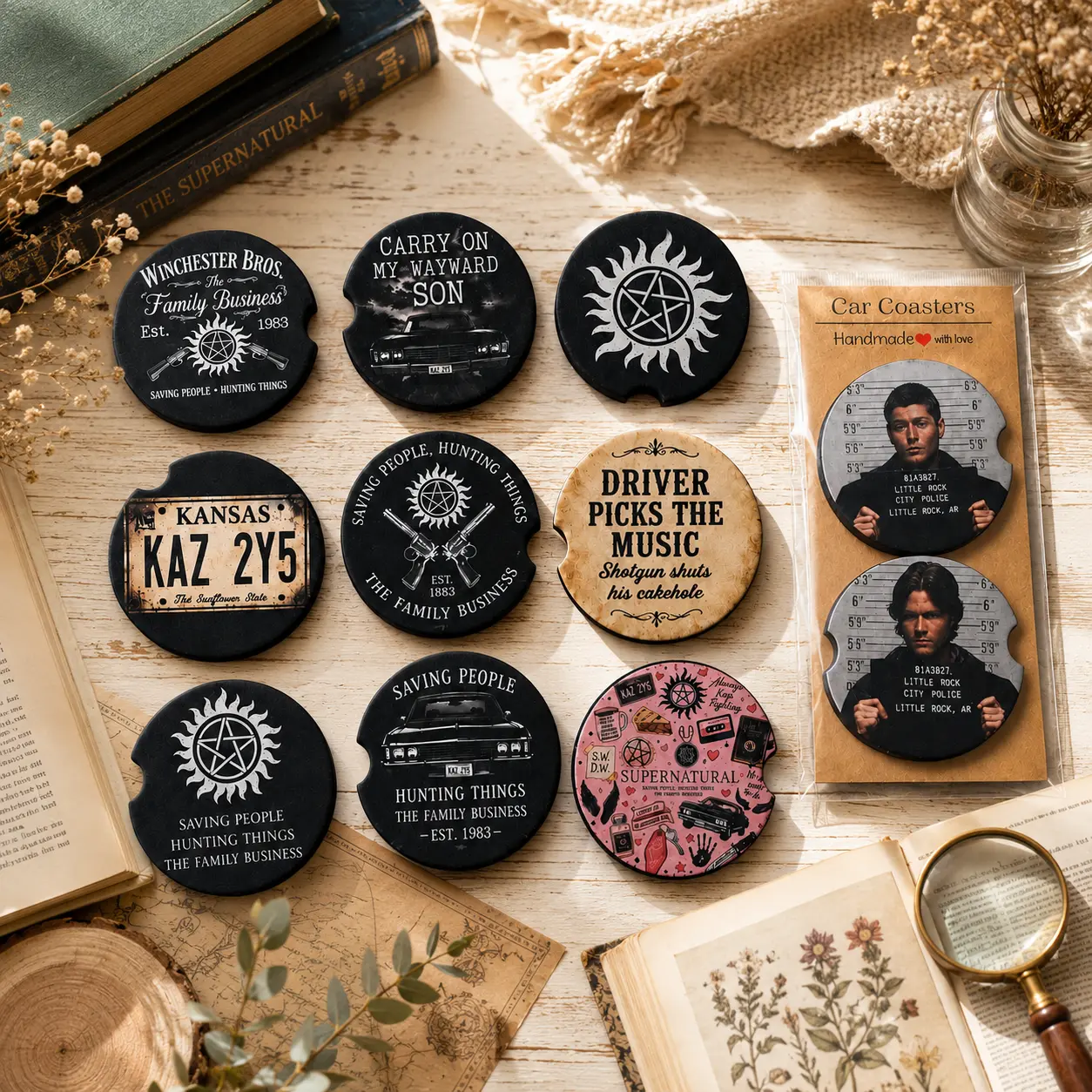 Supernatural Inspired Car Coasters – Winchester Brothers, Carry On Wayward Son, Family Business Auto Cup Holder Coaster Set