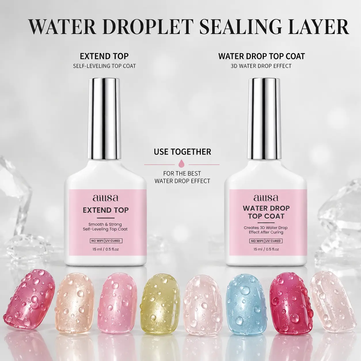 AILLSA 3D Water Drop Gel Top Coat Set (2×15ml) – No Wipe Raindrop Gel for High Gloss 3D Nail Art Manicure, Water Droplet Effect Nail Polish, DIY Drip Nails, UV/LED Gel Polish, DealsForYouDays