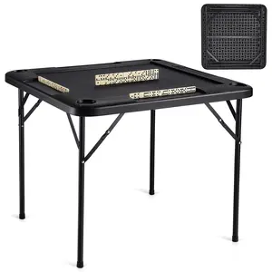 VEVOR Mahjong Table, Square 4 Player Folding Card Table with 4 Cup Holders 4 Chip Trays, Portable Domino Game Table with 1 Set of Dominoes for Mahjong Poke Puzzles, 35.4x 35.4-inch, Black