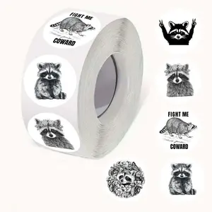 Raccoon Pattern Sticker, 500pcs/roll Round Self Adhesive Decorative Sticker, DIY Decals for Water Bottle, Phone Case, Envelope Sealing, Adhesive Stickers