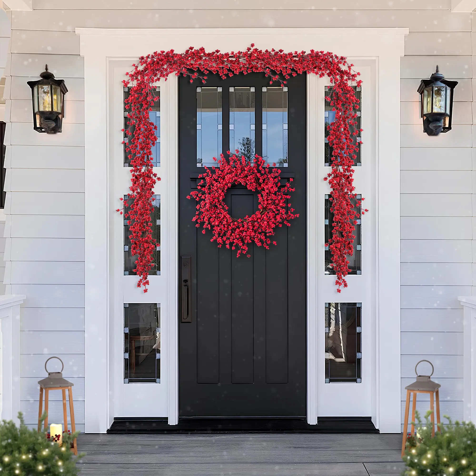 Glitzhome Christmas Red Berries 14"D/ 25"D Wreath & 6ft Garland