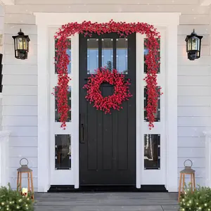 Glitzhome Christmas Red Berries 14"D/ 25"D Wreath & 6ft Garland
