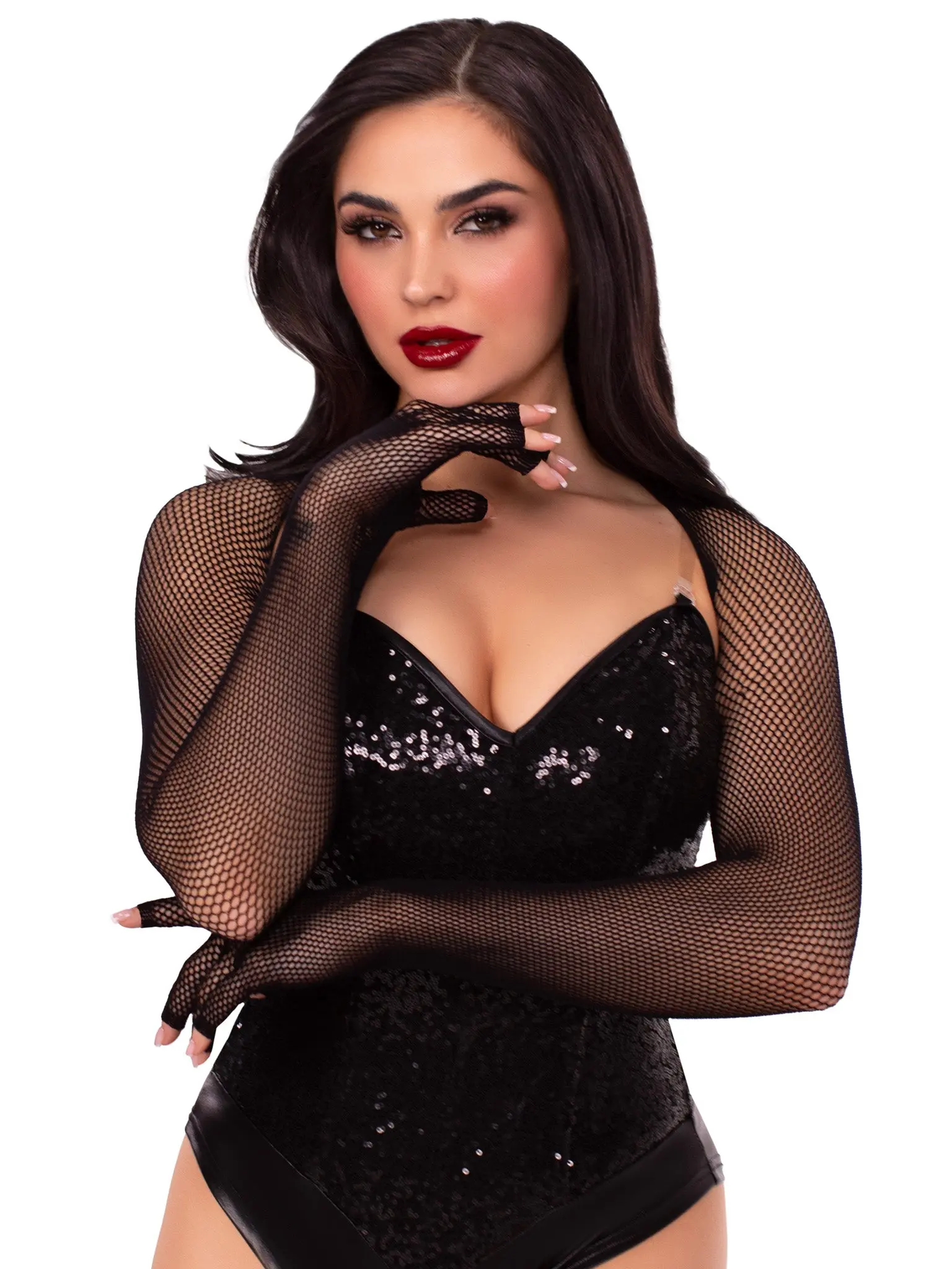 Stretchy Fishnet Shrug with Built-in Fingerless Gloves, Women's Nylon Bolero Top for Rave & Festival Outfits