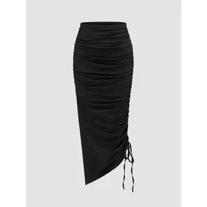 Cider [size 2-10] Mid Rise Solid Drawstring Split Maxi Skirt