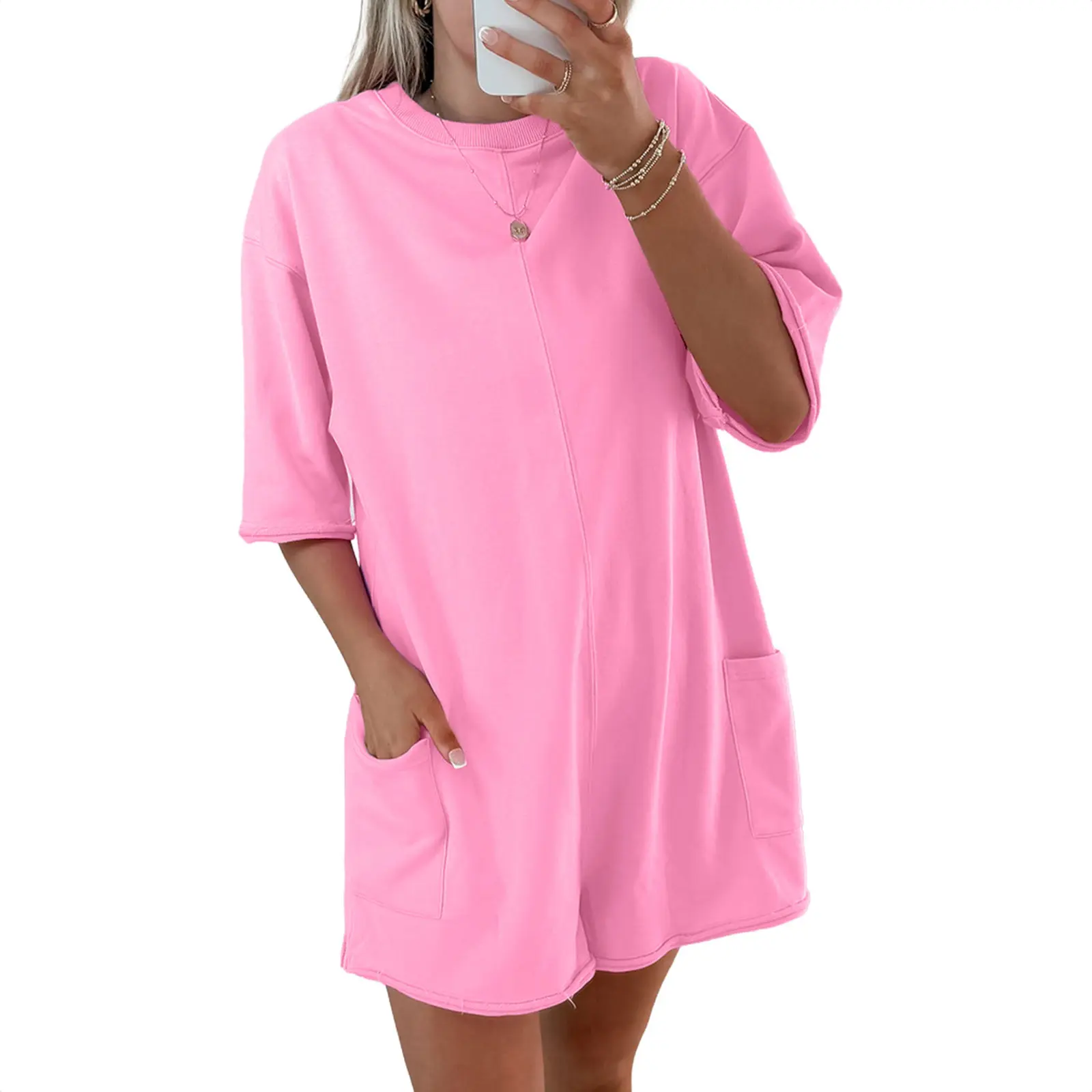 Asvivid Women's Streetwear Romper, Solid Color Baggy Jumpsuit with Pockets, Half Sleeves, and Raw Edge Detail