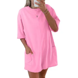 Asvivid Women's Streetwear Romper, Solid Color Baggy Jumpsuit with Pockets, Half Sleeves, and Raw Edge Detail