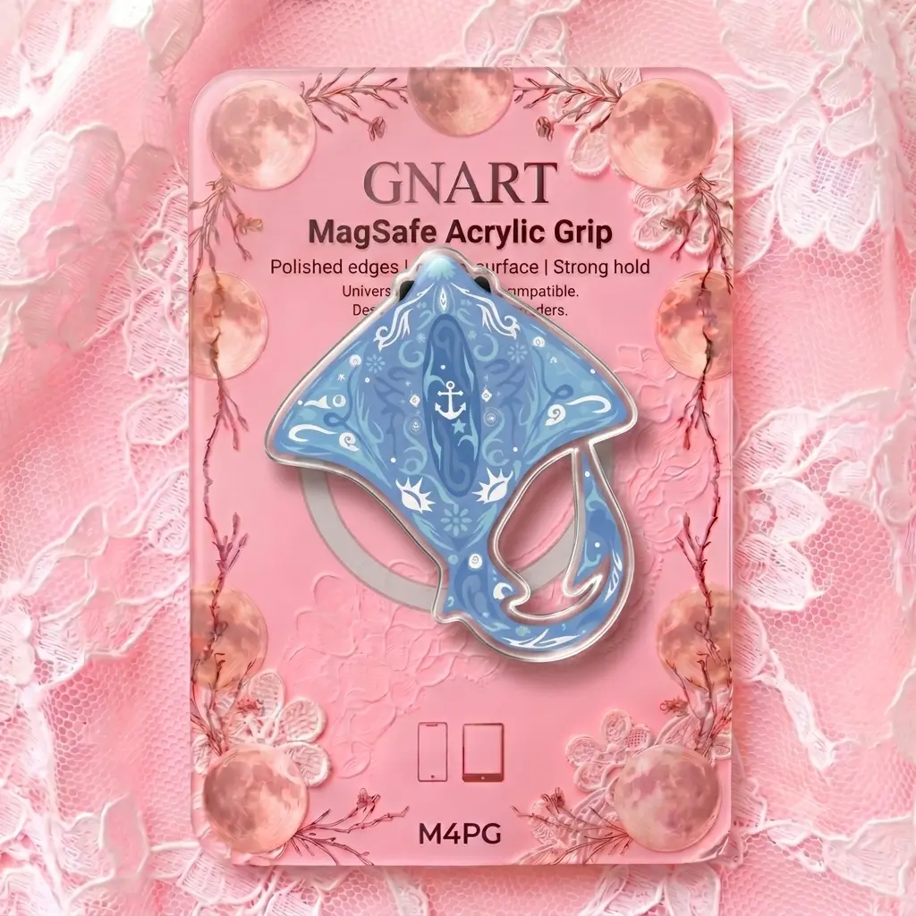Coastal Manta Ray Magnetic Phone Grip, Blue Tribal Stingray Acrylic Holder, Aesthetic Ocean Sea Life Phone Accessory