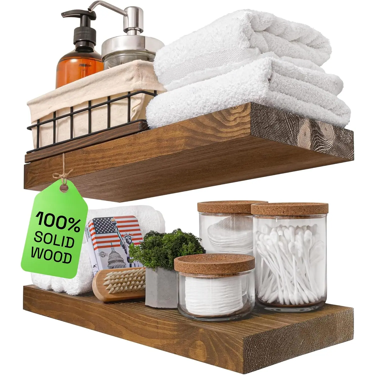 Floating Shelves for Wall - Wooden Shelf 16 Inch - Rustic Bathroom Shelves for Room Wall for Kitchen Bedroom Living Room Farmhouse - Walnut Floating Shelf - 16 x 6.7Inch, Set of 2