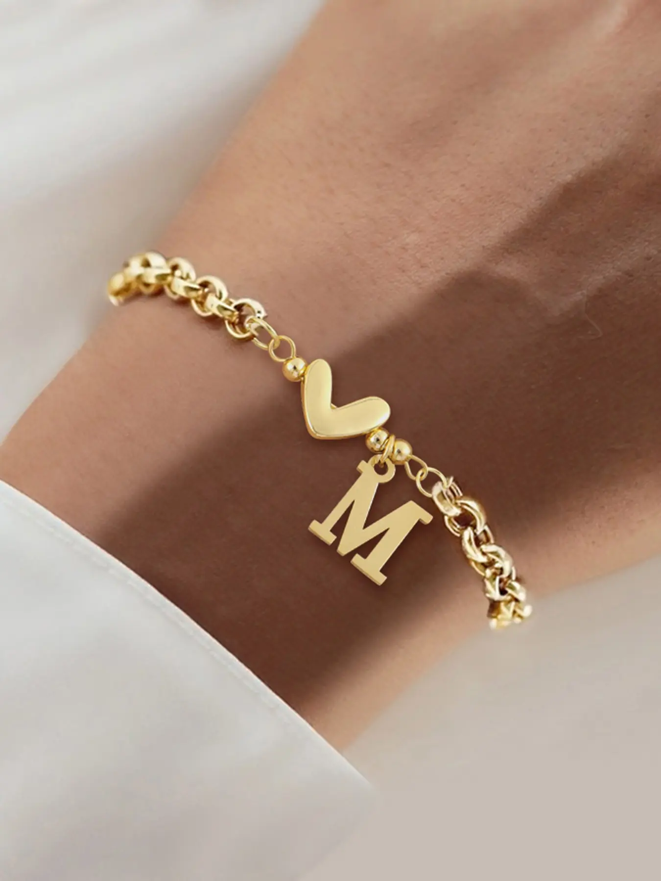 Bubble Heart-Shaped Initial Adjustable Letter Link Bracelet for Women, Vintage Stainless Steel Chain Jewelry for All Seasons, Casual Fashion Accessory