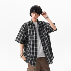 Loose Feeling Short Sleeve Plaid Shirt Men's Summer Loose Leisure All-Matching Lazy Feeling Shirt Coat Short Sleeve Plaid Flannel Shirt Menswear Tops
