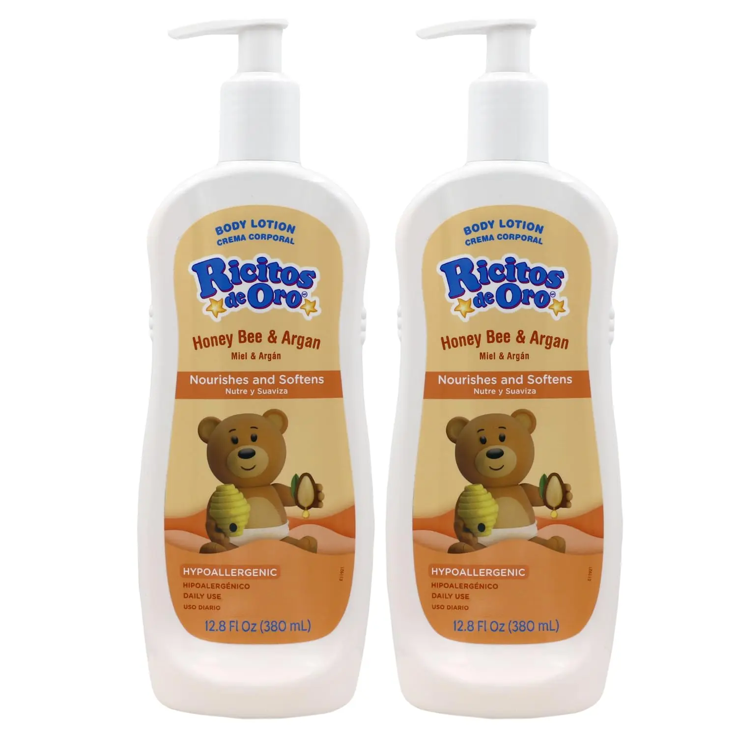 Ricitos de Oro Honey and Argan Baby Body Lotion That Helps Smooth Skin -Hypoallergenic with Honey Bee Extract Delicious Scent, 2-Pack of 12.8 FL Oz Each, 2 Bottles.
