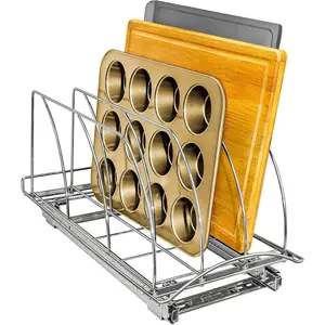 (R) Pull Out  Board, Cookie Sheet, and Baking Pan Organizer Rack - Lifetime Ltd. Warranty - Slide Out Kitchen Cabinet Storage Organizers - 10" x 21" Deep - Pullout Shelf, Chrome