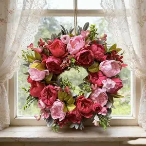 Romantic Rose Peony Wreath, Blooming Flowers with Lamb's Ear Grass and Leaves, All-Season Porch and Entrance Decoration