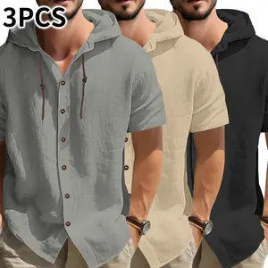 Men’s 3-piece casual set featuring a hooded short-sleeve sweatshirt and two short-sleeve shirts—casual, comfortable, trendy, and versatile; ideal for vacations and a stylish gift.