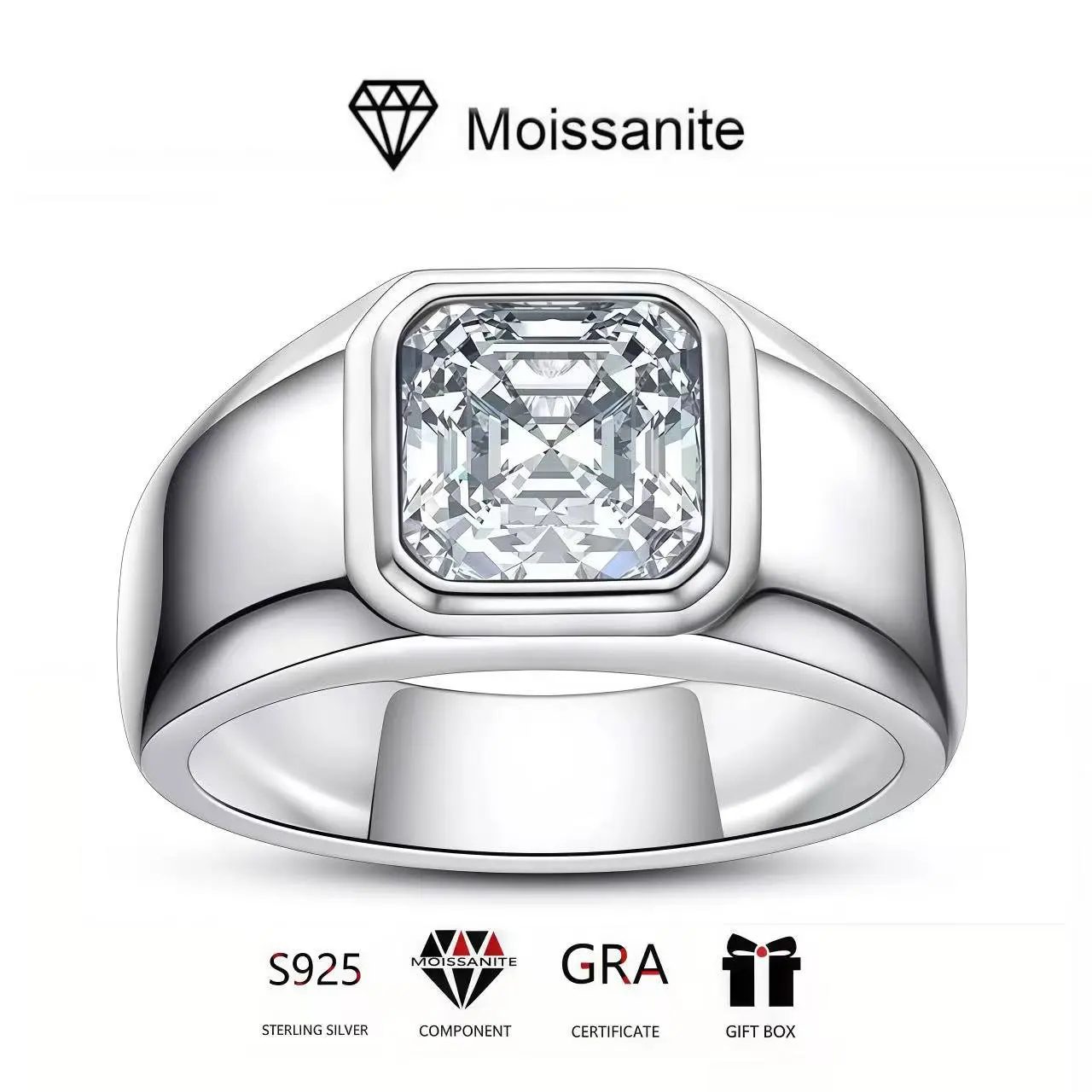925 Sterling Silver Male Wear Moissanite Ring Band - D Color, 3 Carat, European-American Style, Durable AF Engagement Rings for DIY Beading & Jewelry Making (Compliments-Inspiring)