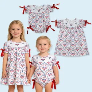 America Flag July 4th Kids Girls Short Sleeve Smocked Dress