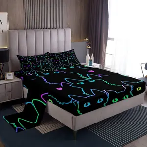 Feelyou Cartoon Pattern Decorative Bedsheet Sets - Microfiber Soft Breathable Sheets, Simple Stroke Cat Design, Colorful Easy-Care Deep Pocket Fitted Sheet for Home Decor