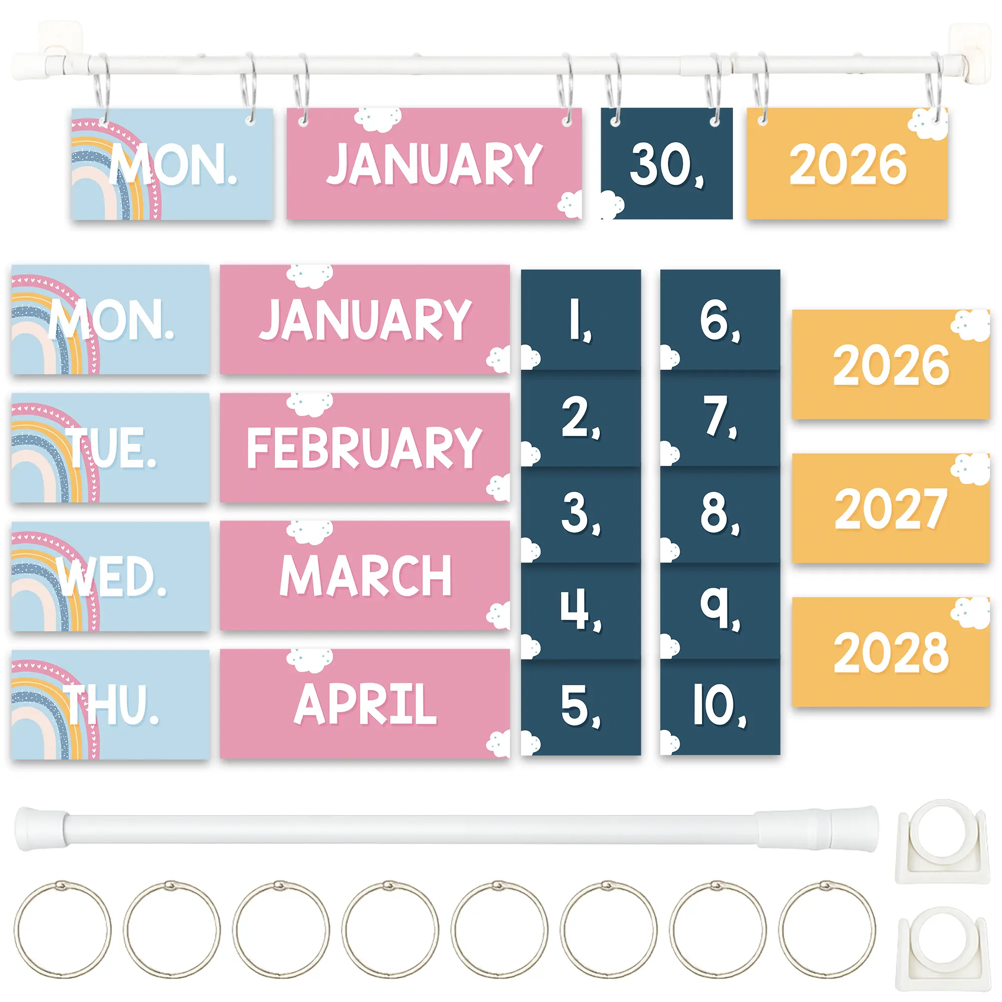 BrightenKidz Rainbow Boho Flip Calendar For Classroom, Years 2026 - 2028, Bulletin Board Calendar Set With 53 Date Cards, Adjustable Rod 15.7" - 27.6" & 8 O-rings, Mounting Hooks, Ideal For Teacher, Homeschool & Student Learning Wall Decor