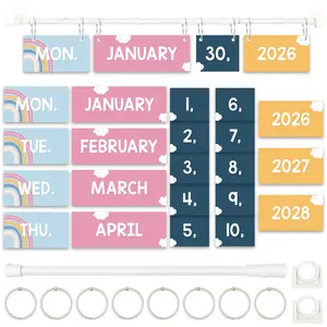 BrightenKidz Rainbow Boho Flip Calendar For Classroom, Years 2026 - 2028, Bulletin Board Calendar Set With 53 Date Cards, Adjustable Rod 15.7" - 27.6" & 8 O-rings, Mounting Hooks, Ideal For Teacher, Homeschool & Student Learning Wall Decor