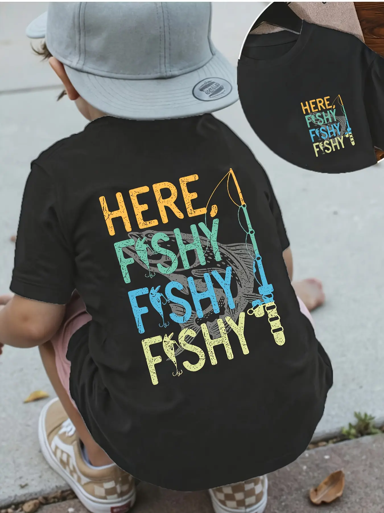 Toddler Boys Black Cotton Short Sleeve T-Shirt, Here Fishy Fishy Fishy Vintage Distressed Fishing Rod Trout Fish Back Print Crew Neck Kids Outdoor Fishing Tee