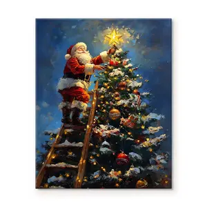 Vintage Christmas Wall Art Canvas - Santa Claus with Reindeer, Festive Holiday Decor, Cozy Farmhouse Christmas Print, Traditional Christmas Scene, Perfect for Holiday Decoration