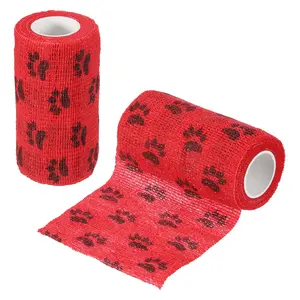 PETAXCELL Pet Wrap Bandages, 4 Inch 5 Yard Self Adhesive Bandage Wrap, Pet Non-Woven Tape First Aid Cohesive Gauze, (Red/Paw, 2pcs) / Intended for Dog/Cat/Bird/Legs/Paws/Wound